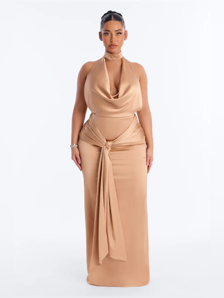 Champagne halter neck corset-style formal dress with draped waist and floor-length skirt