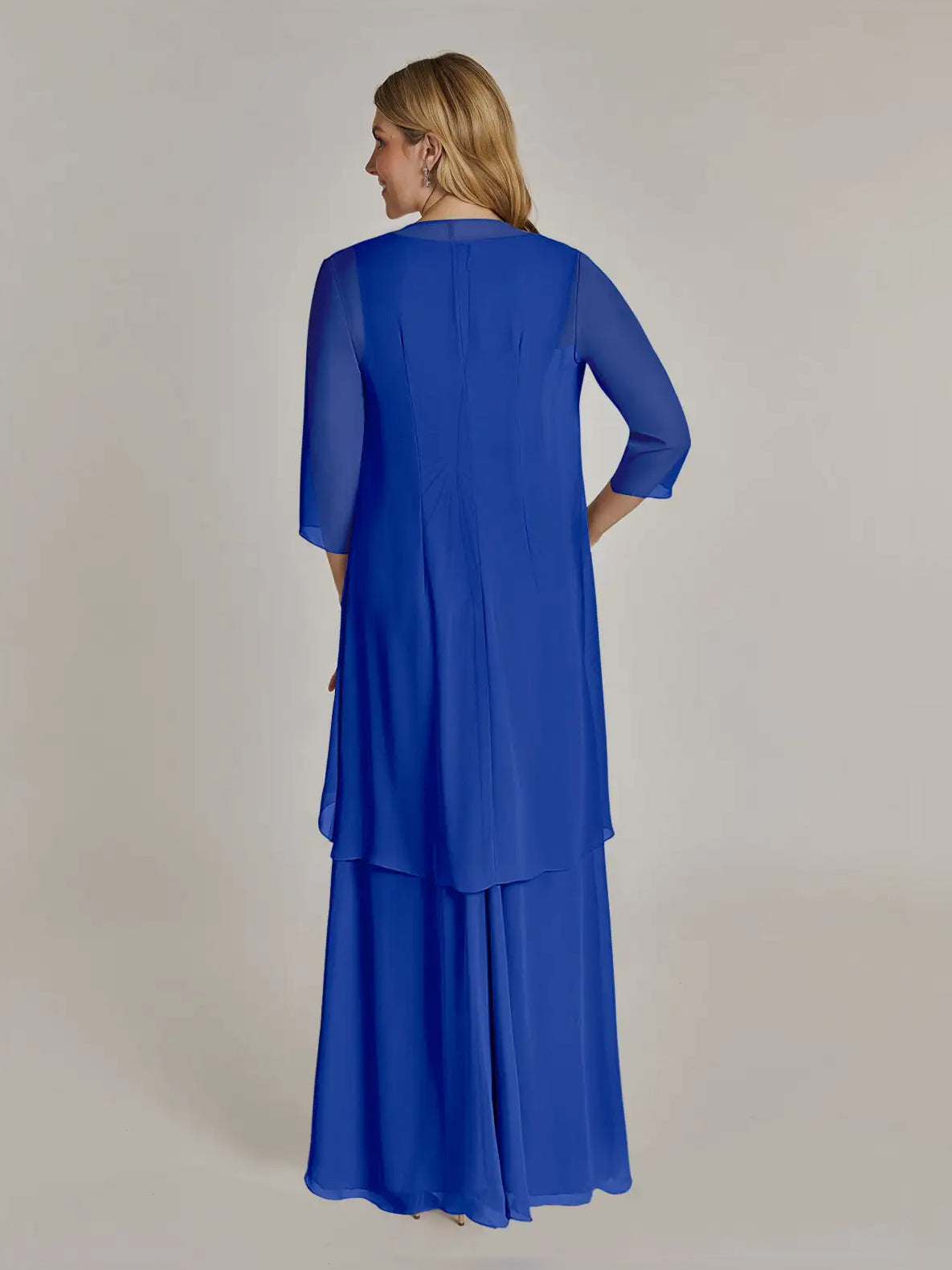 Royal blue chiffon maxi dress, back view, layered tiers and draped ruffle overlay