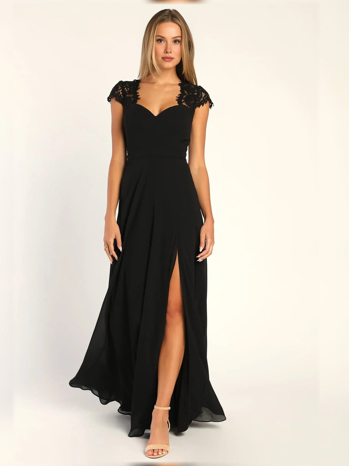 Black sweetheart A-line maxi dress with lace cap sleeves and high front slit