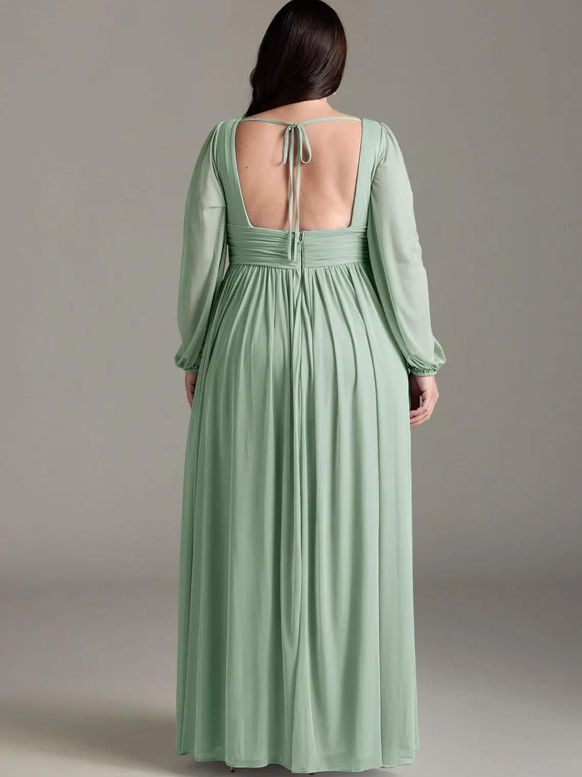 Dusty sage chiffon bridesmaid dress back view, gathered skirt and open tie-back neckline.