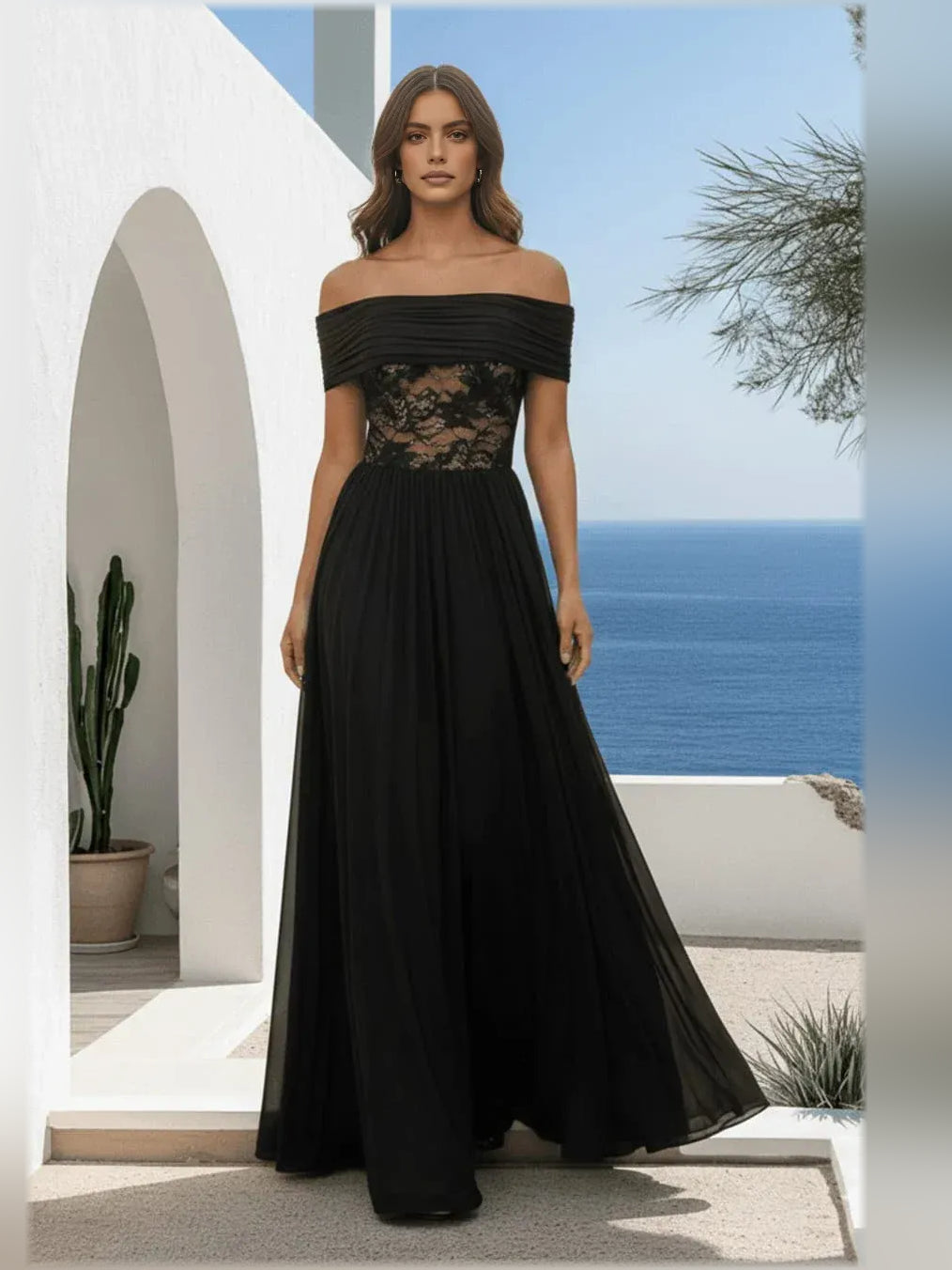 Black off-the-shoulder A-line formal dress with lace bodice and floral pattern