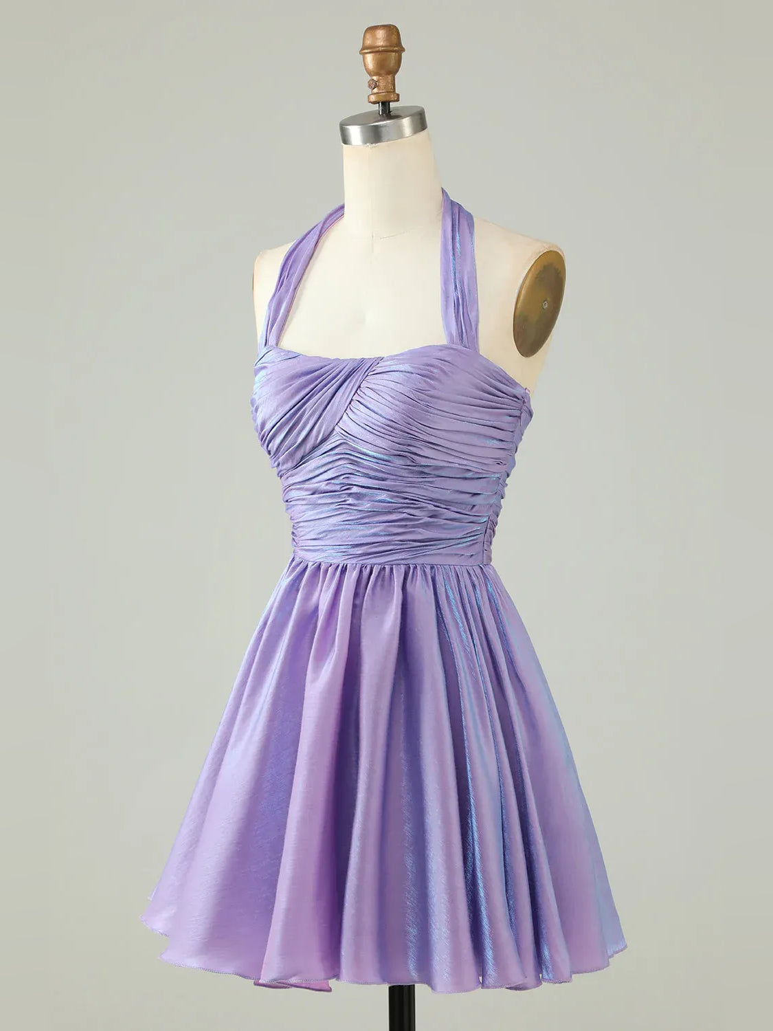 Lavender ruched halter A-line mini dress on mannequin, full back view with pleated skirt
