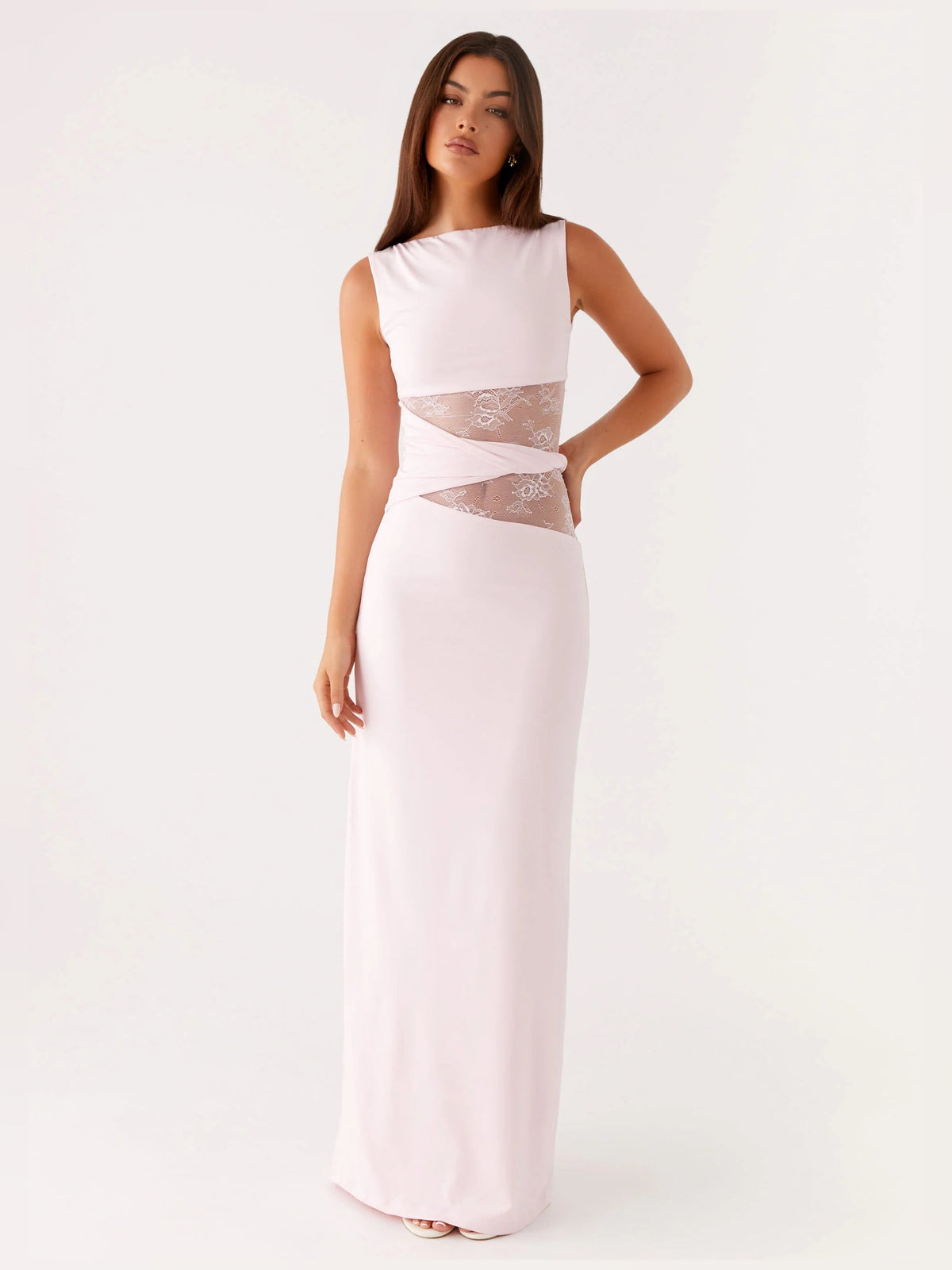 Pink sheath maxi formal dress with cutout detail, alternate full-length view