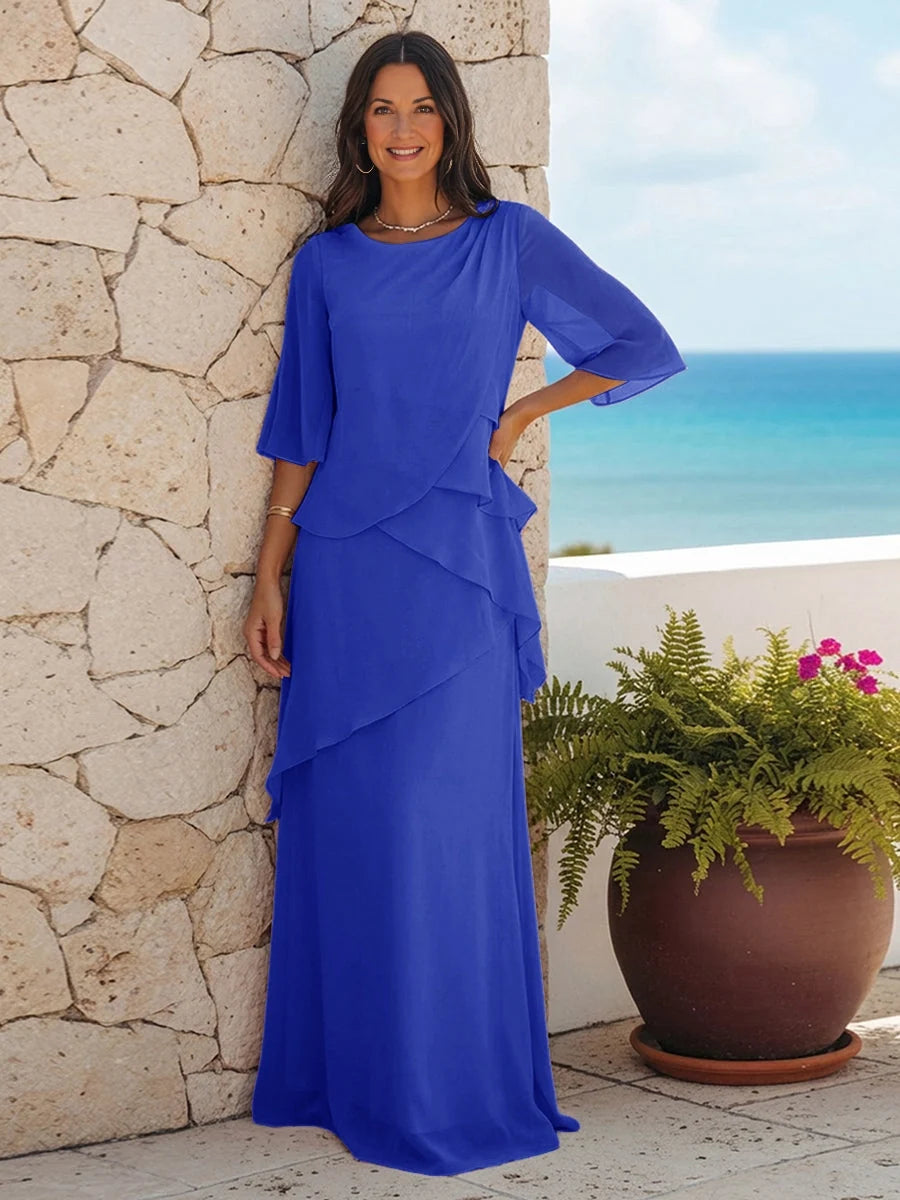 Layered ruffled chiffon A-line dress, royal blue, 3/4 sleeves, tiered skirt