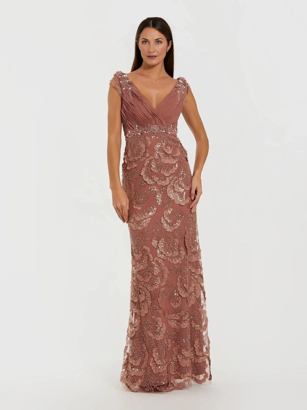 Coral floor-length sleeveless V-neck gown with floral lace overlay and beadwork