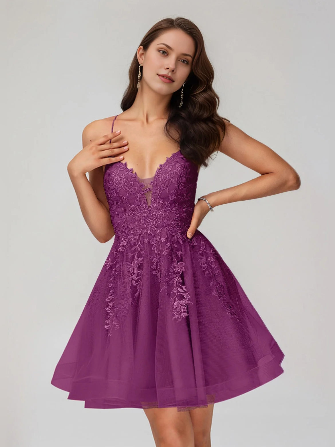 Purple floral-applique V-neck A-line mini satin dress