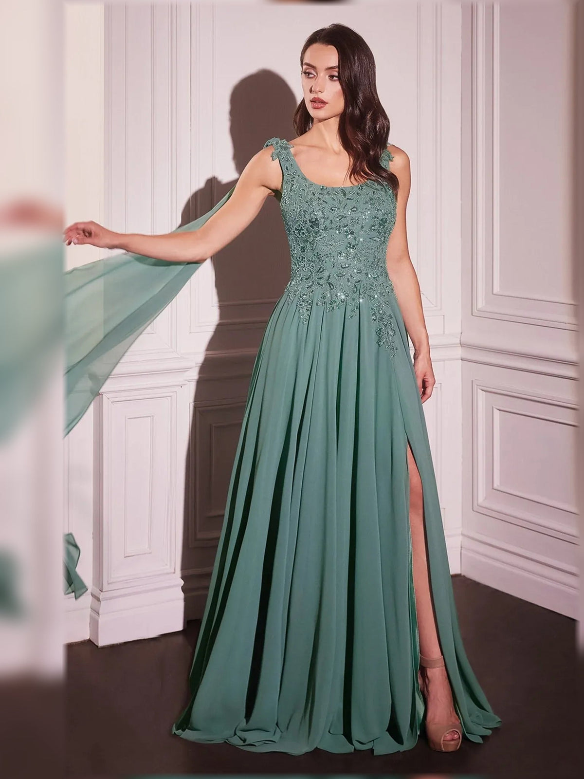 Teal beaded scoop-neck A-line floor-length formal dress with side slit detail