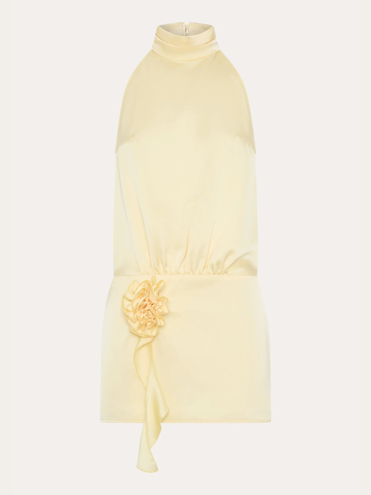 Yellow halter mini dress, flat lay with floral bow