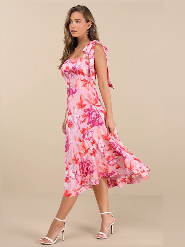Pink Floral midi formal dress with floral print, alternate view showing the shoulder line