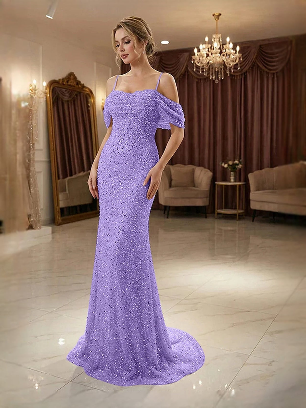 Lilac sequin mermaid prom dress with off-shoulder ruffle sleeves, front view