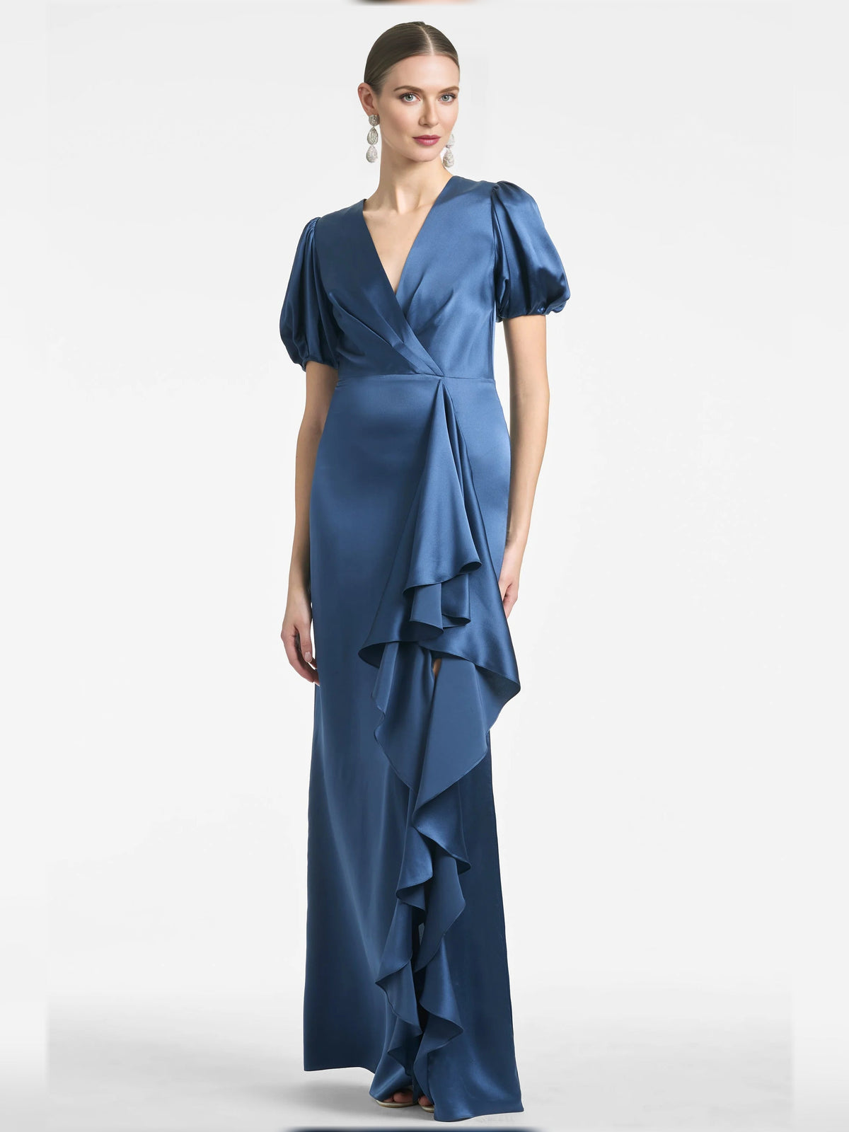 Navy-blue V-neck puff-sleeve ruffle maxi formal dress with asymmetrical tiered hem