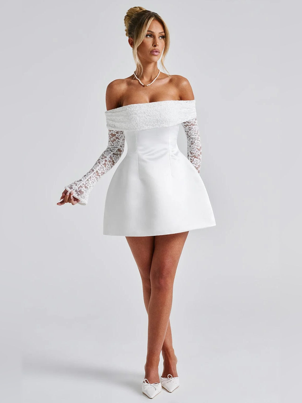 Ivory off-shoulder mini homecoming dress with flared skirt and lace long sleeves