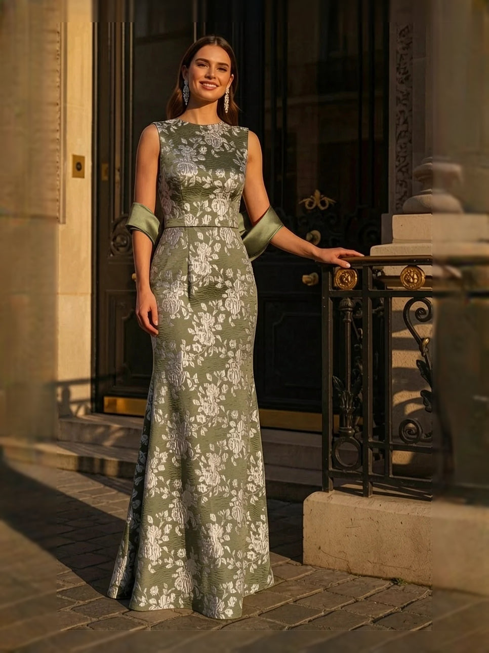Sage green floral mermaid gown with scoop neck and fitted mermaid skirt, floor length