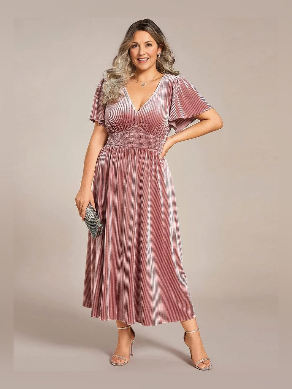 Dusty pink velvet A-line midi dress with V-neck and flutter sleeves
