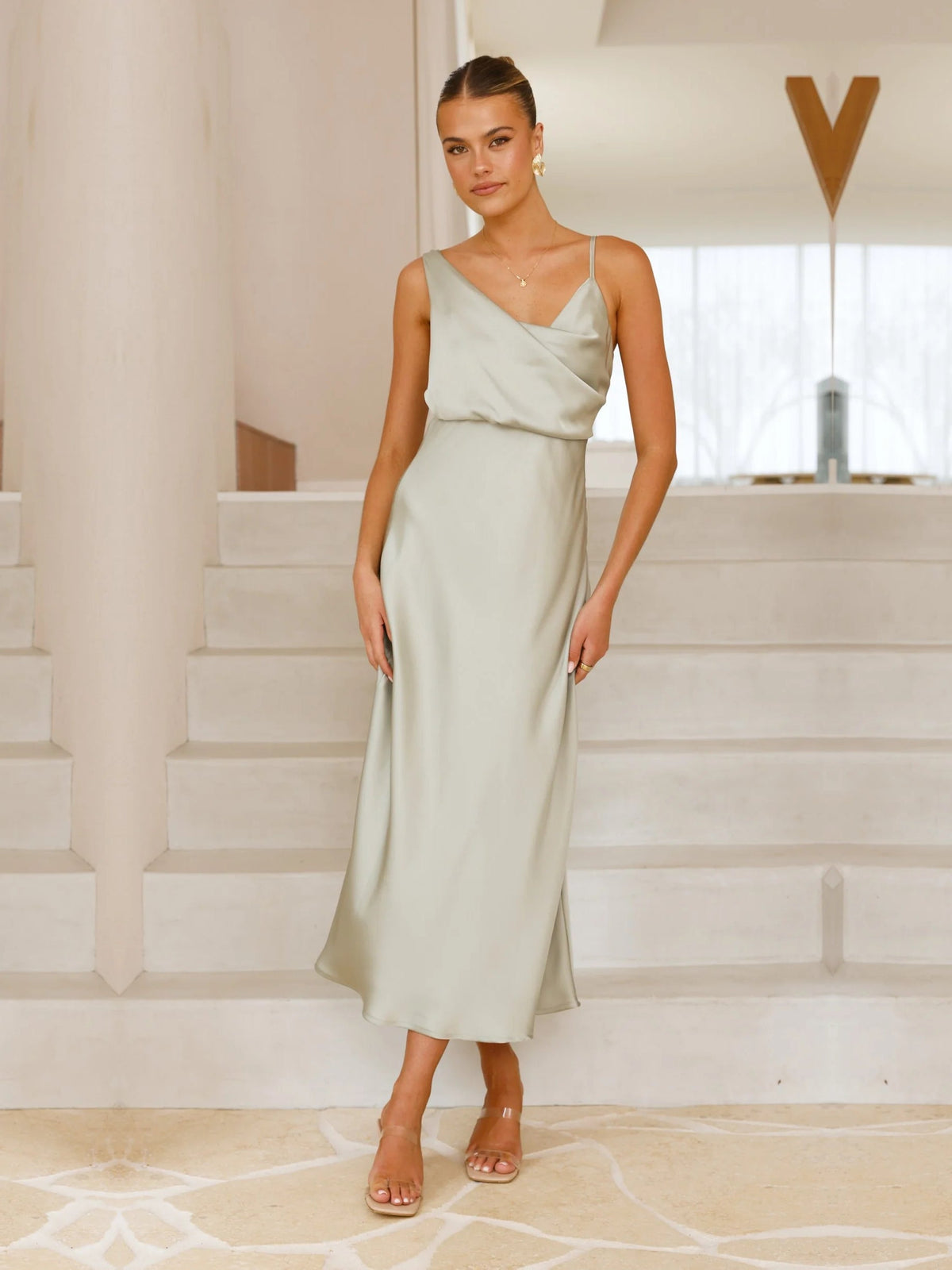 Olive sheath maxi formal dress with cowl neckline, alternate view