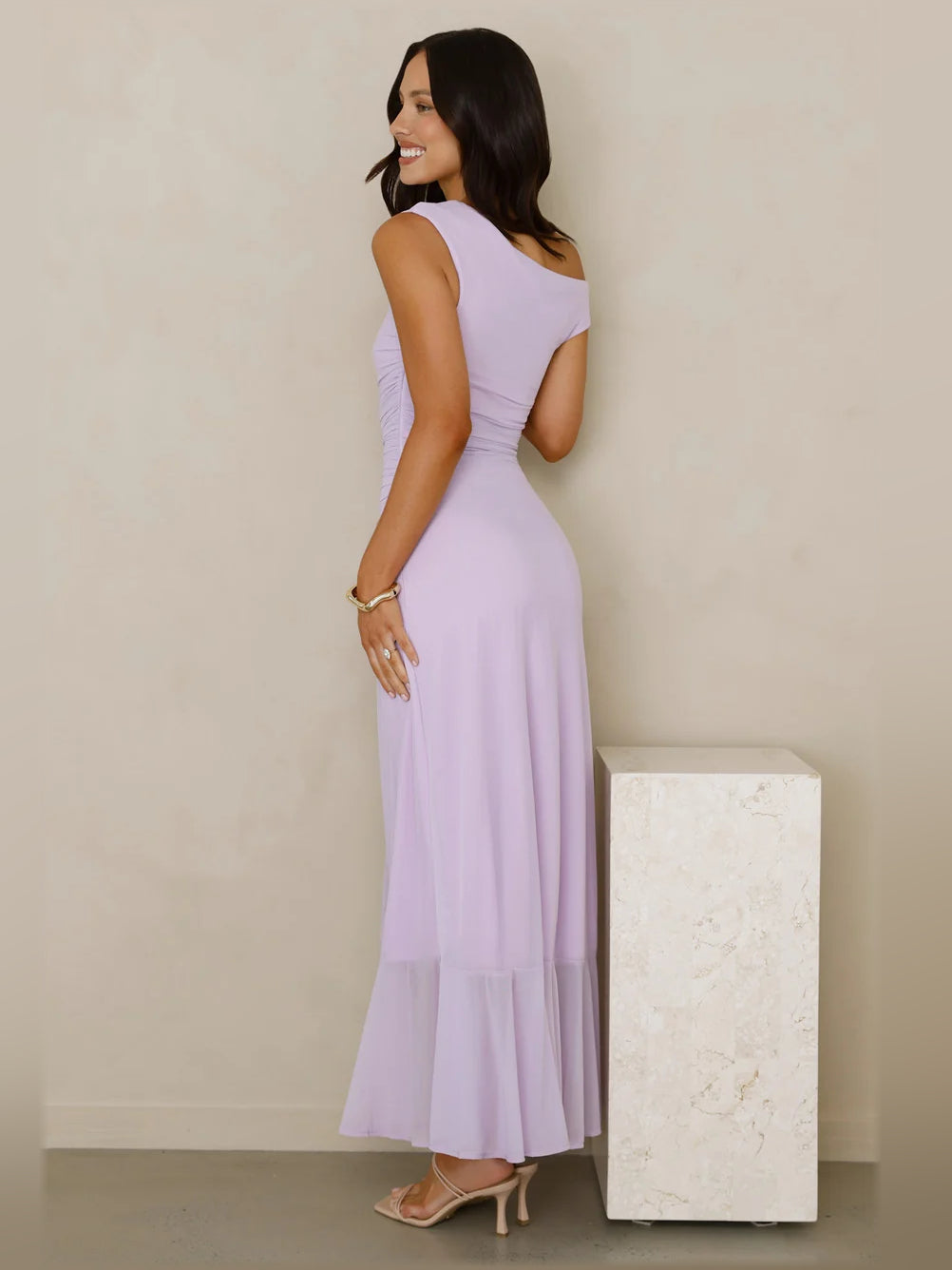 Lilac off-shoulder mesh midi formal dress, side view with slit and layered skirt