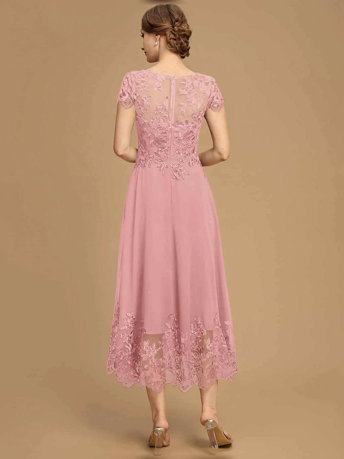 Light pink sequin boat-neck A-line chiffon tea-length dress with lace appliques