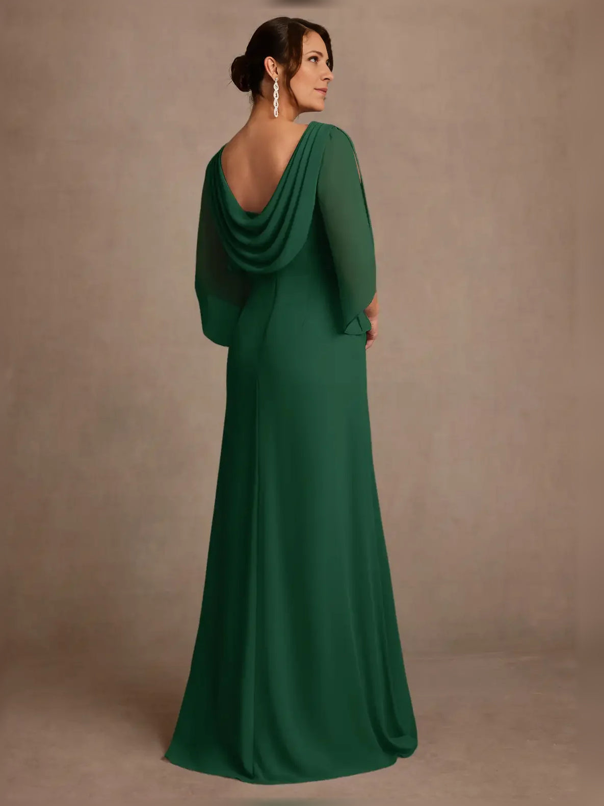 Dark green draped boat-neck A-line gown with cowl back, floor-length