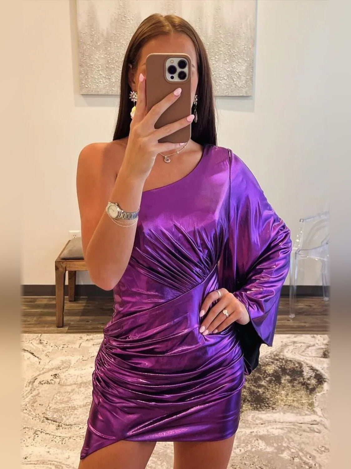 Purple metallic one-shoulder ruched bodycon mini dress with draped sleeve