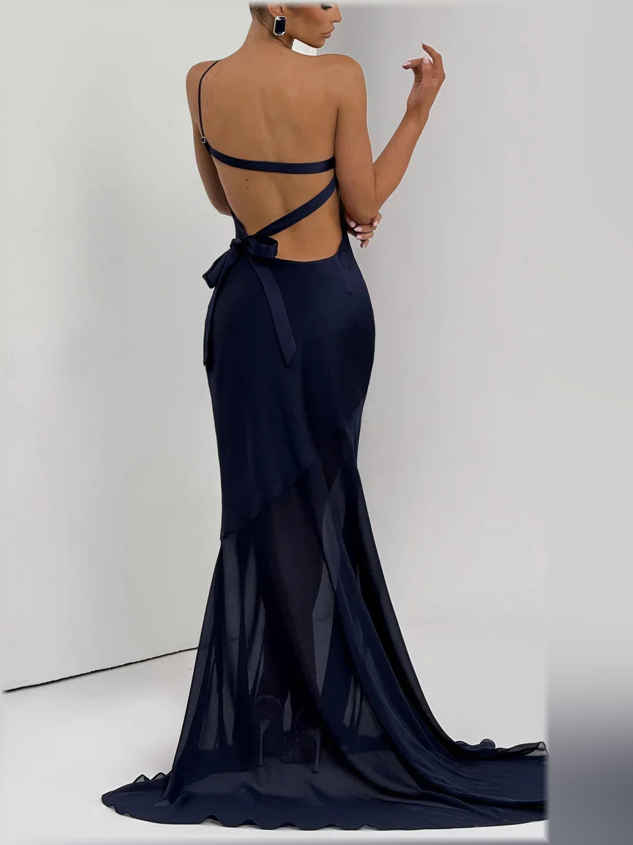 One-shoulder mermaid formal dress in dark navy, open back with long ribbon tie