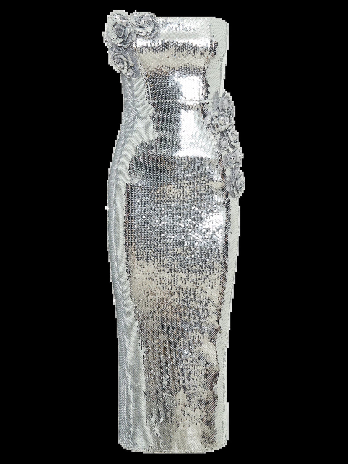Silver strapless sequin midi dress with shoulder rosette detail
