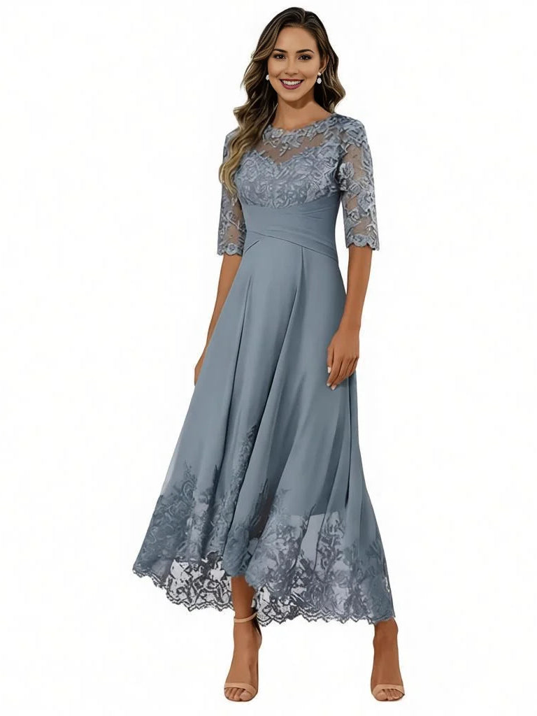Dusty blue lace-trim pleated chiffon A-line dress with round neckline and elbow-length sleeves