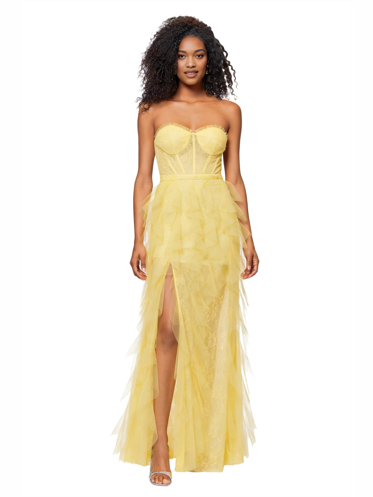 Light yellow strapless corset formal dress with layered tulle and long front slit