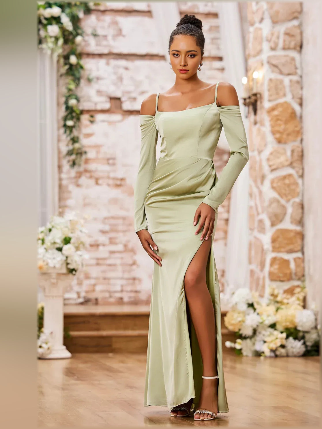 Sage green off-shoulder long-sleeve formal dress with ruching at bodice and slit
