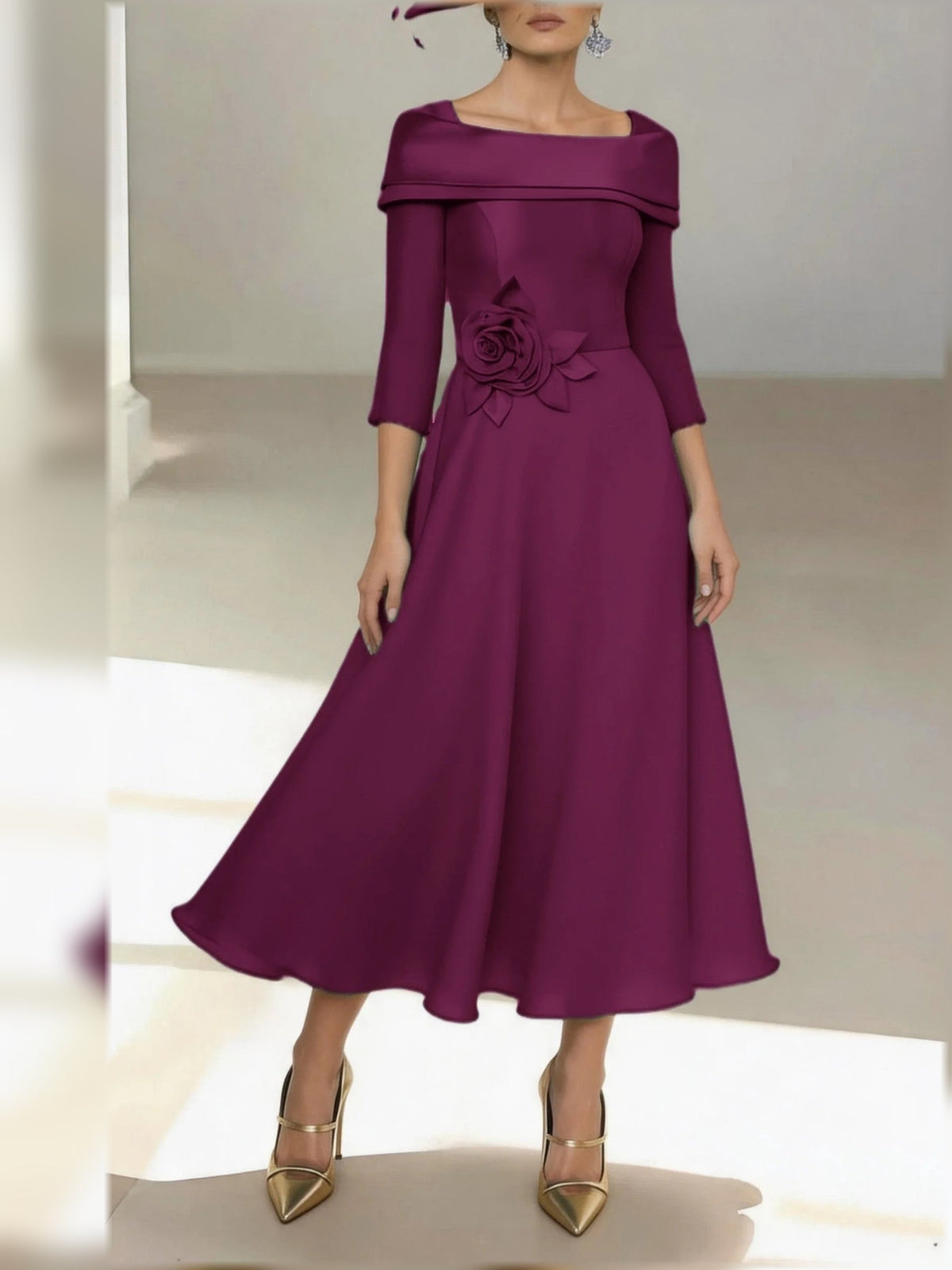 Deep purple off-shoulder A-line midi satin dress with floral waist detail