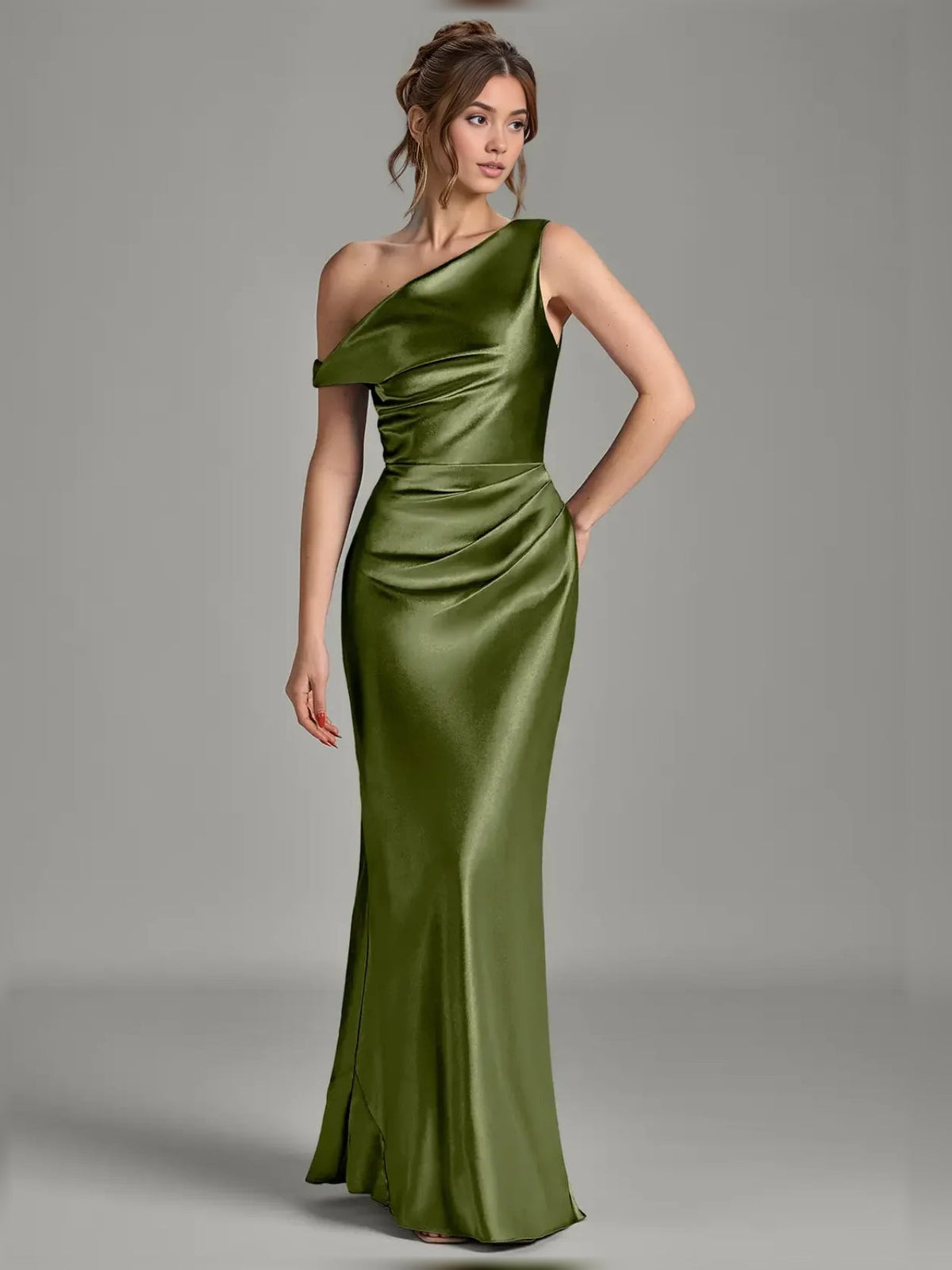 Off-shoulder satin mermaid dress in olive green, floor-length with draped bodice