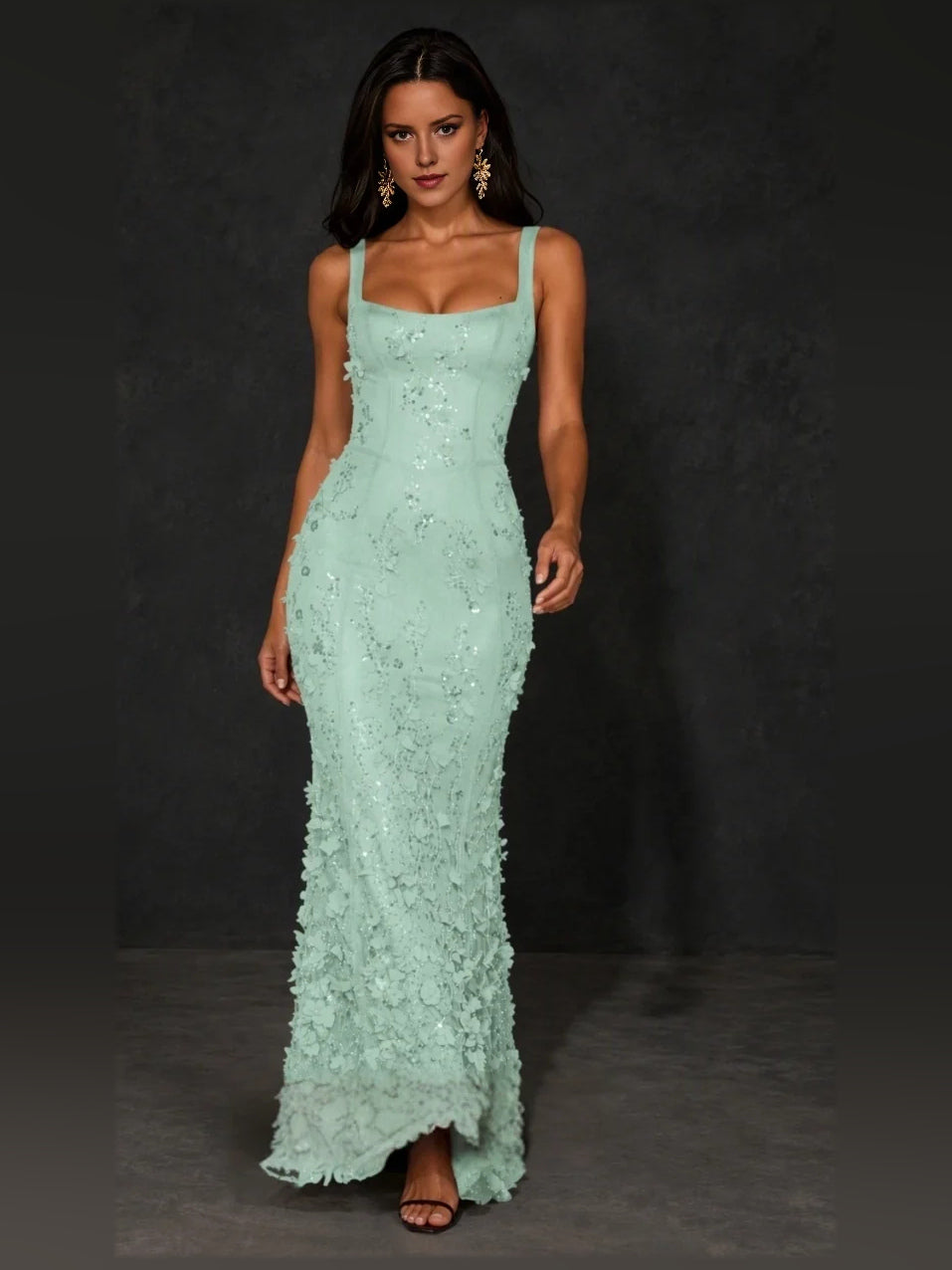 Mint green corset-style mermaid prom dress with square neckline and floral lace applique