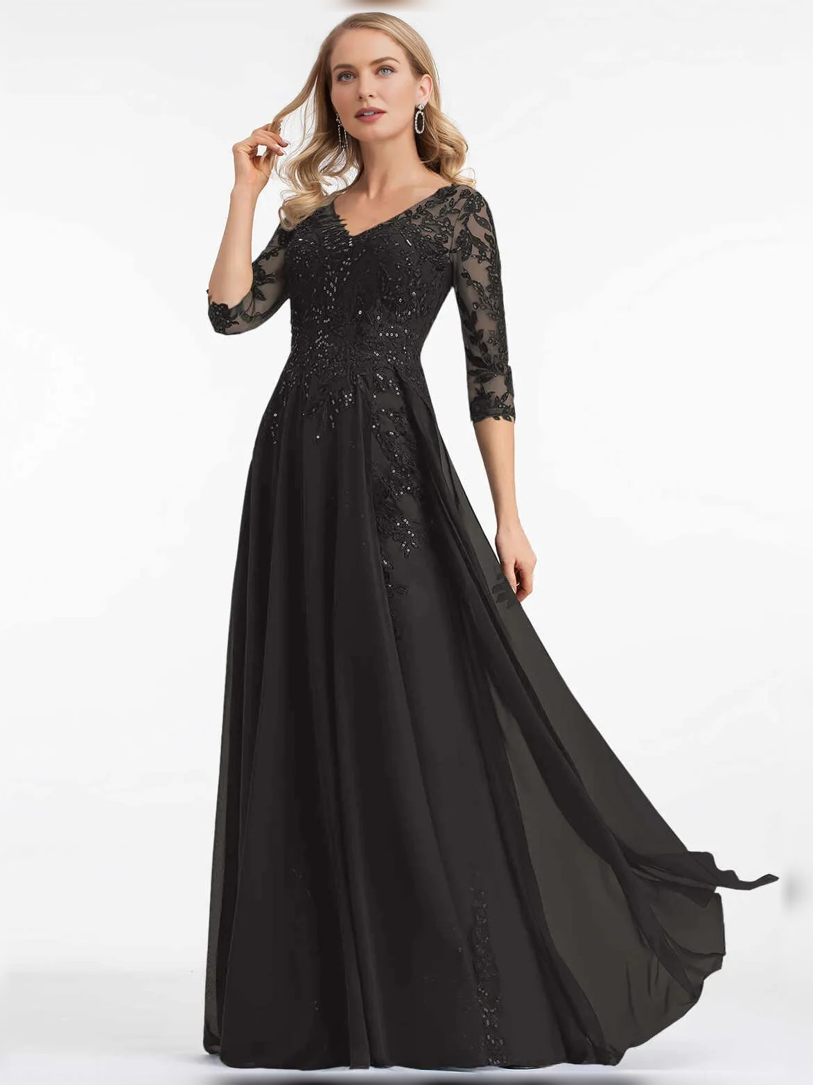 Embroidered sequin floral maxi dress, V-neck A-line, black, 3/4 lace sleeves