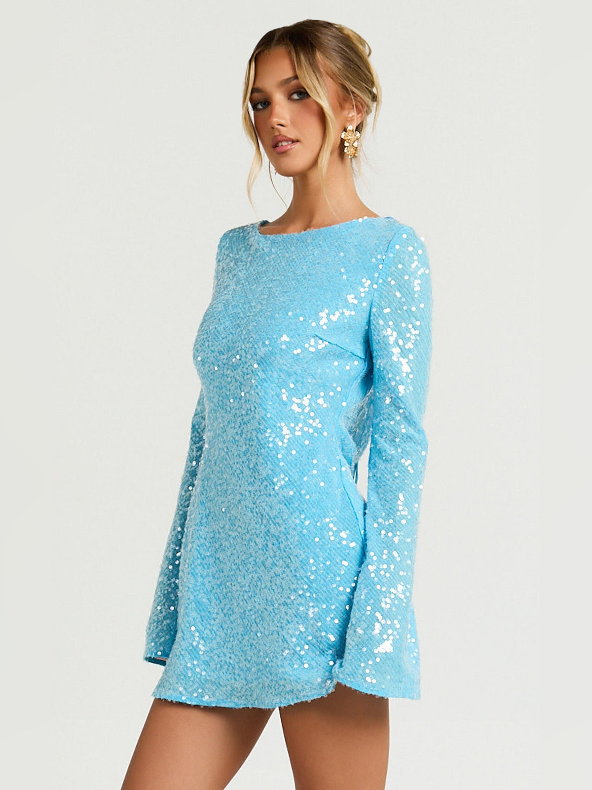 Blue sequin mini dress with long sleeves and scoop neckline