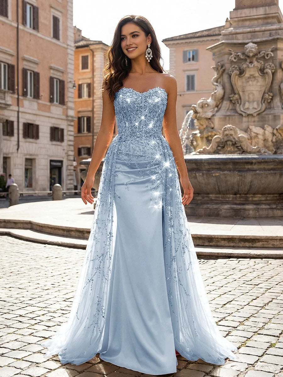 Light blue sweetheart mermaid prom dress with beaded sequin bodice and satin maxi skirt