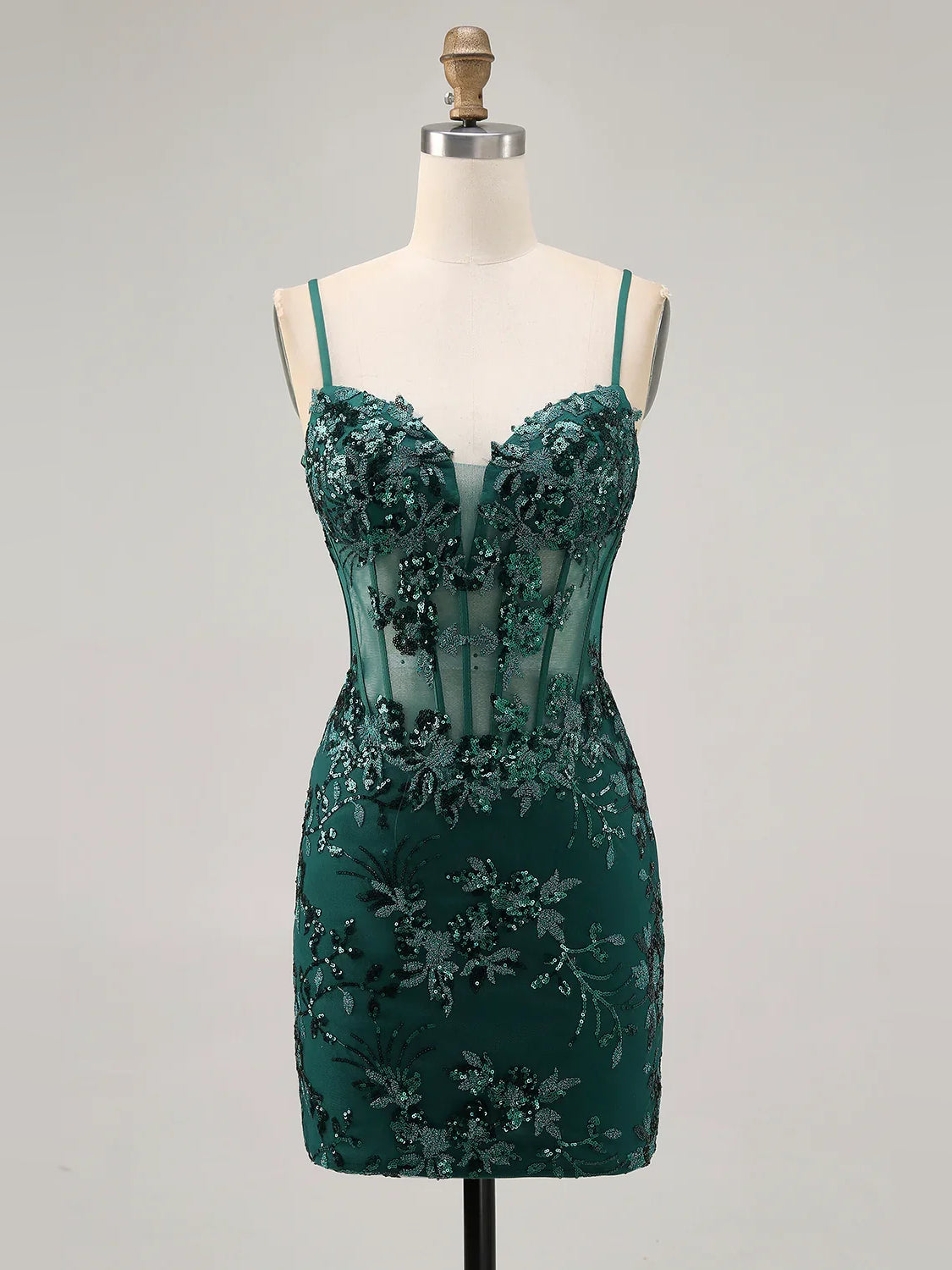 Peacock teal sequin corset mini dress on mannequin, sweetheart neckline