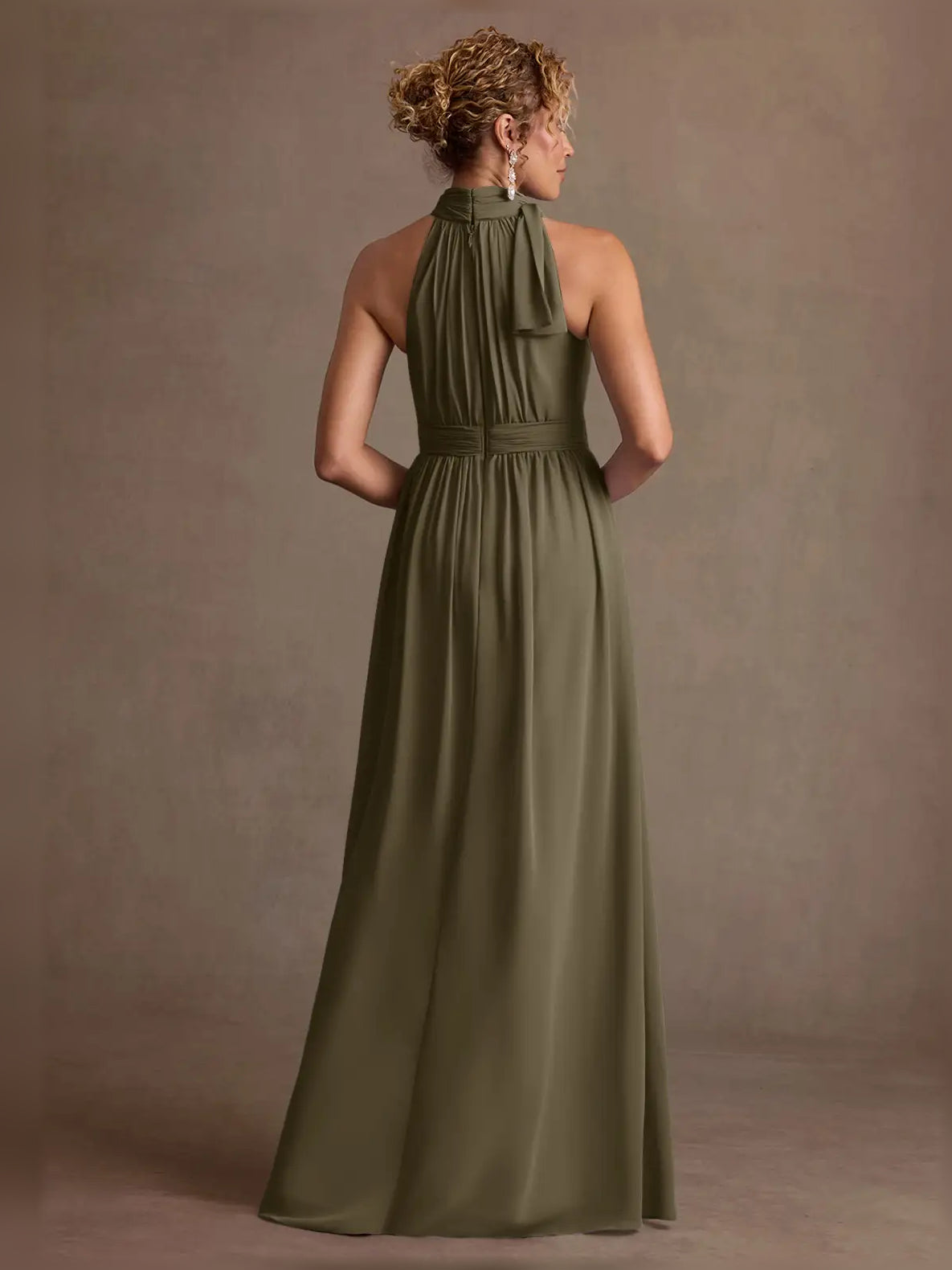 Olive green halter-neck ruched A-line maxi dress, back view