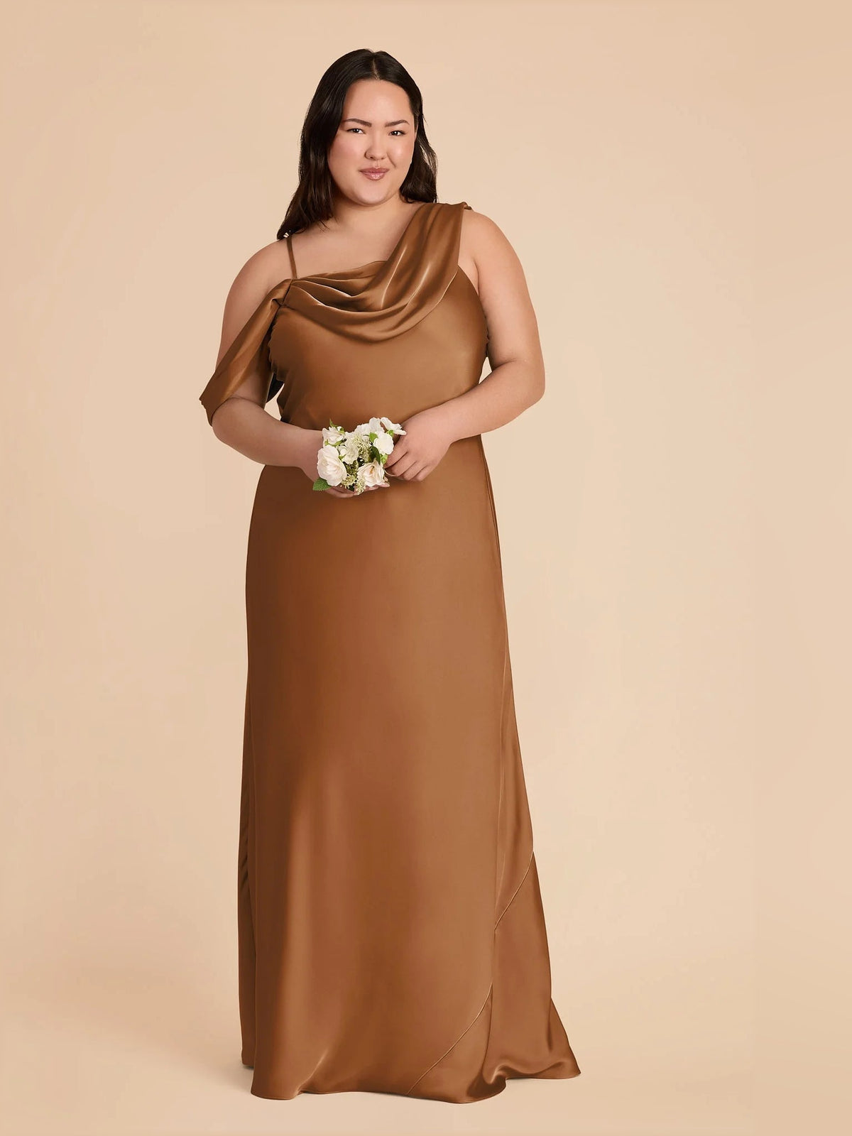 One-shoulder satin formal dress in bronze, draped neckline and long A-line skirt