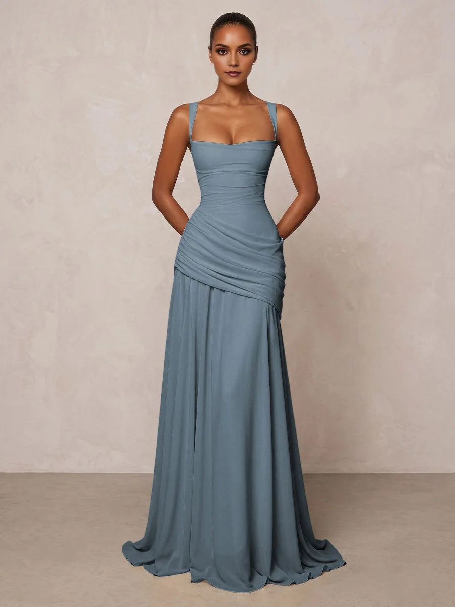 Dusty blue square-neck A-line prom dress with ruched draped bodice and long skirt