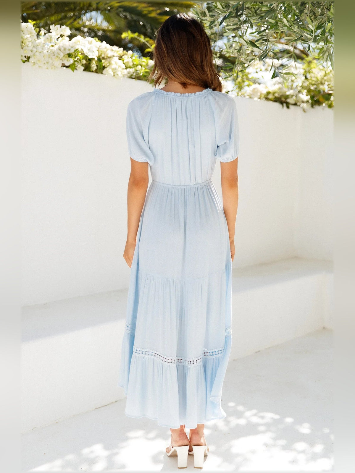 Blue midi formal dress, alternate view showing the shoulder line