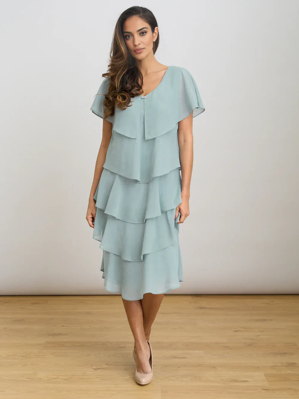 Sage green V-neck tiered chiffon knee-length dress with layered ruffle skirt and short sleeves
