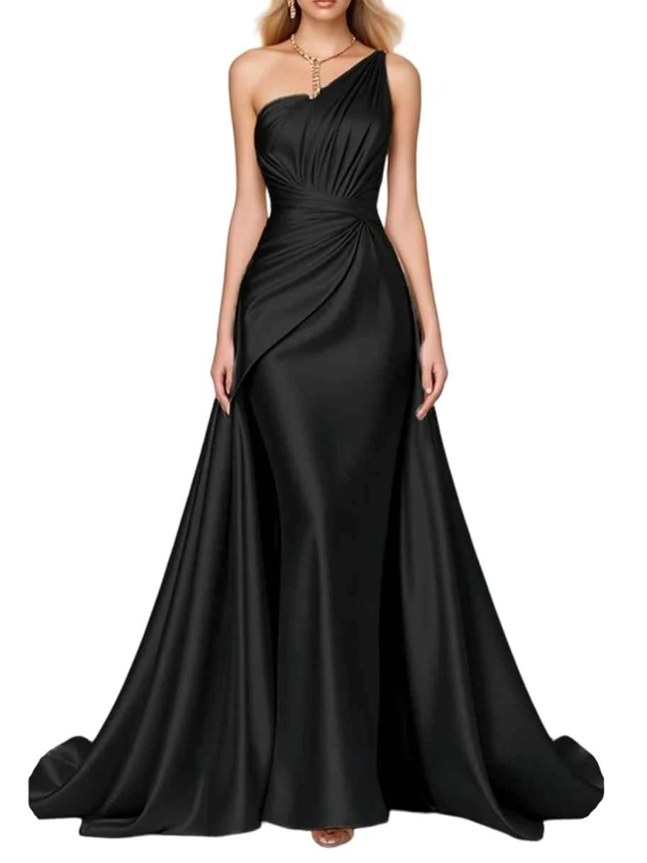 One-shoulder satin mermaid formal dress, black, draped detail at waist and wide skirt