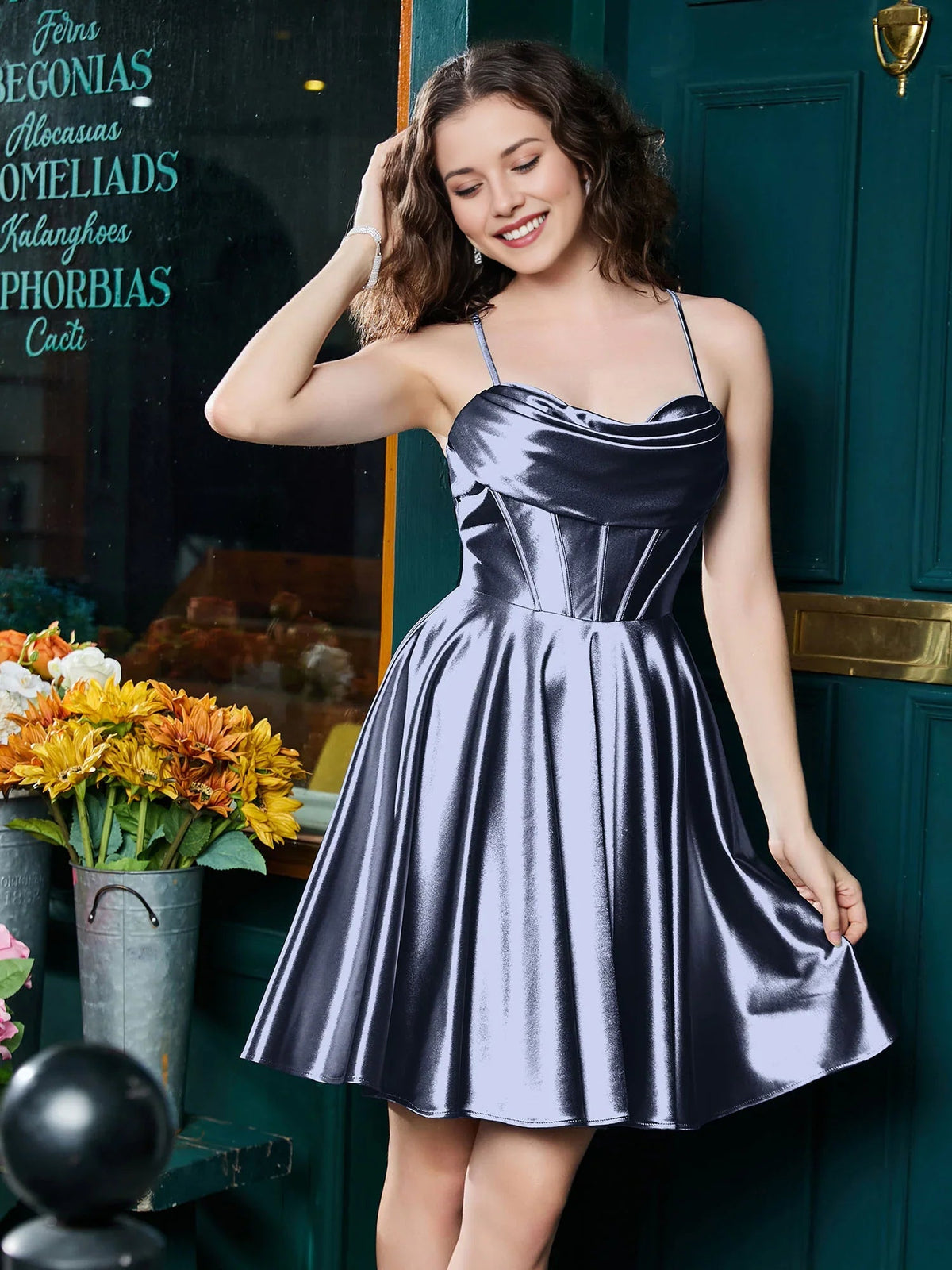 Dark silver satin A-line mini homecoming dress with corset bodice, cowl neck, spaghetti straps