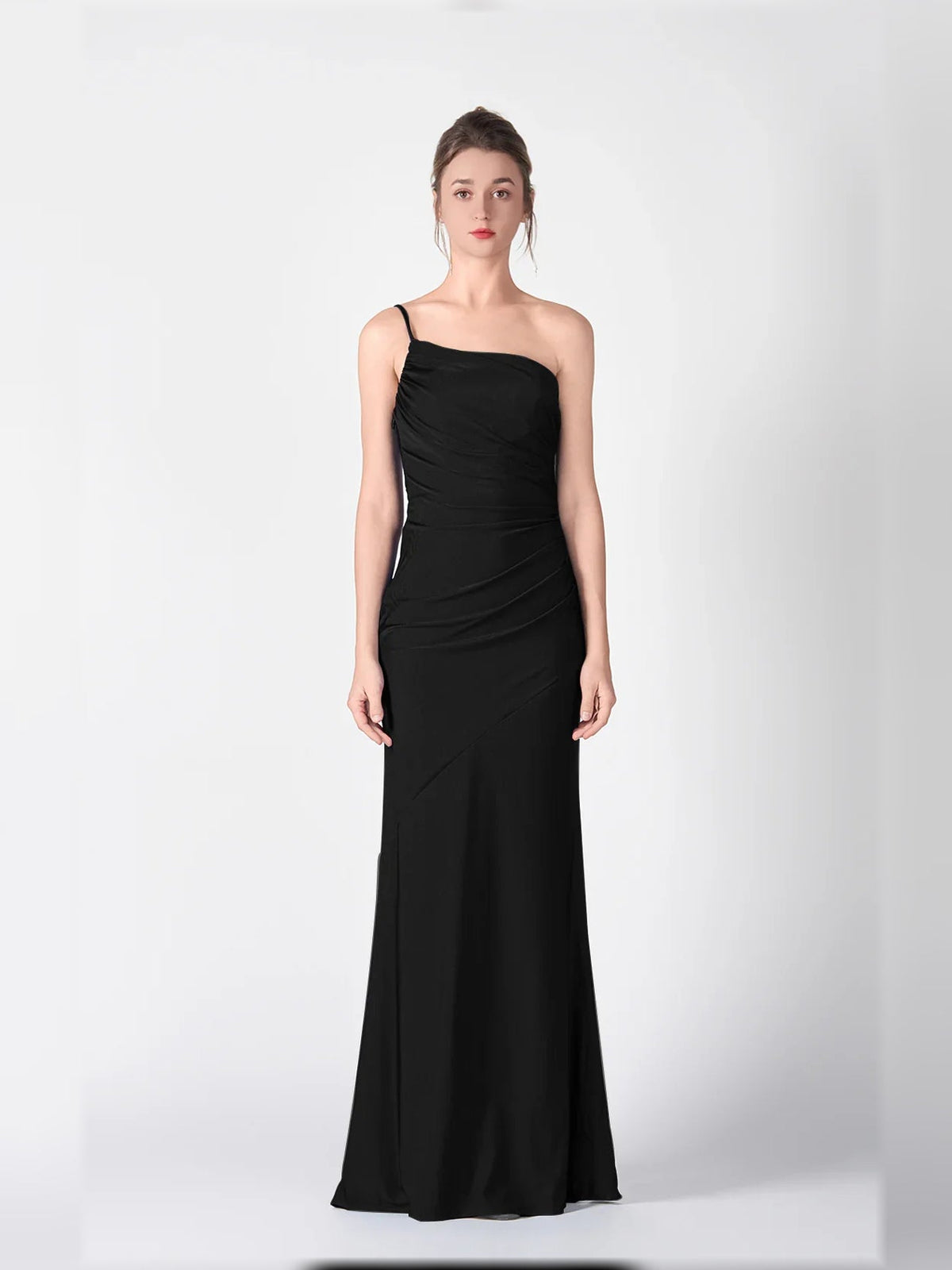 One-shoulder ruched mermaid formal dress, black, floor-length