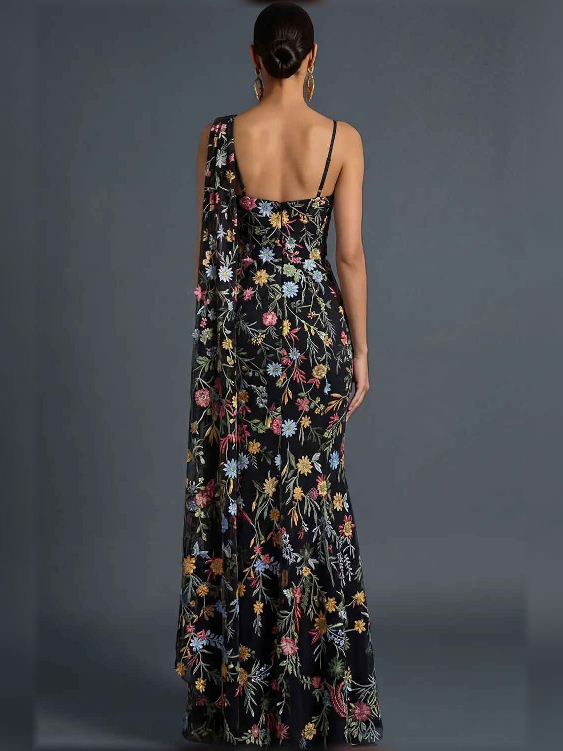Floral print one-shoulder formal dress with open back, black base with pink and gold flowers