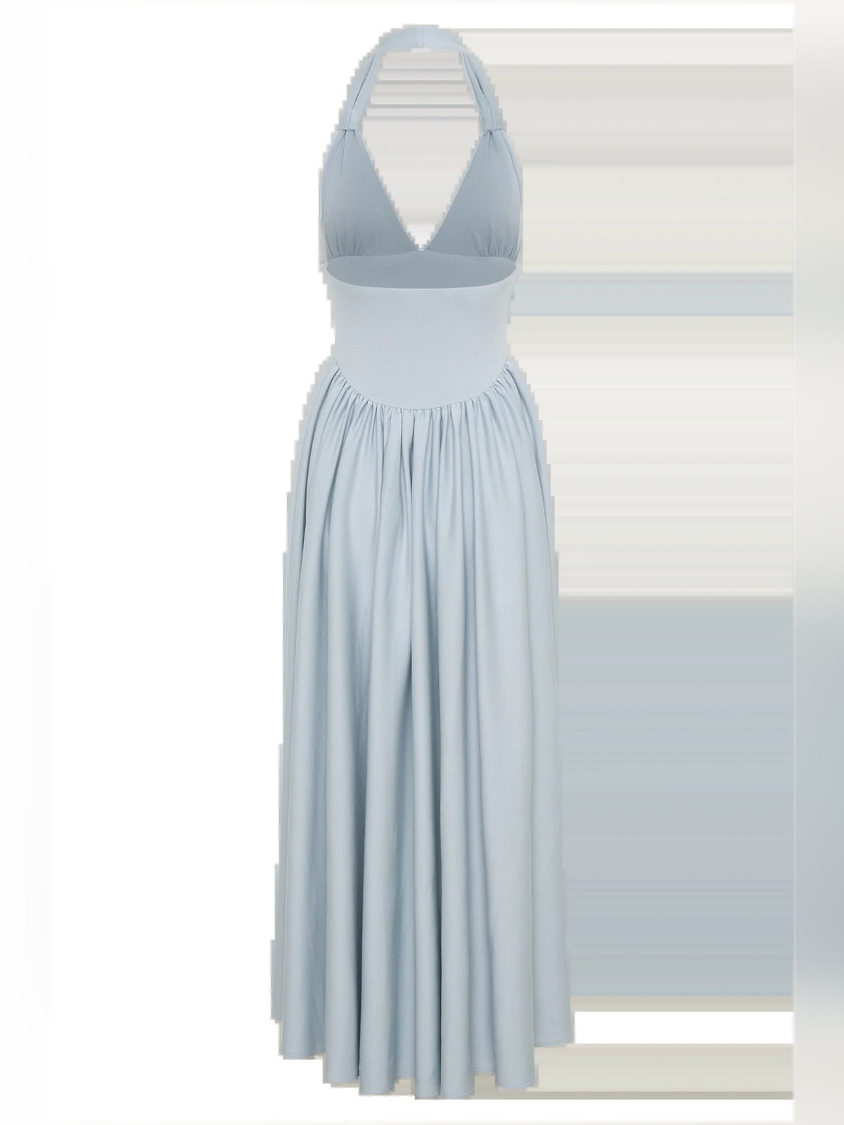 Light blue halter midi dress with V-back styling and pleated skirt
