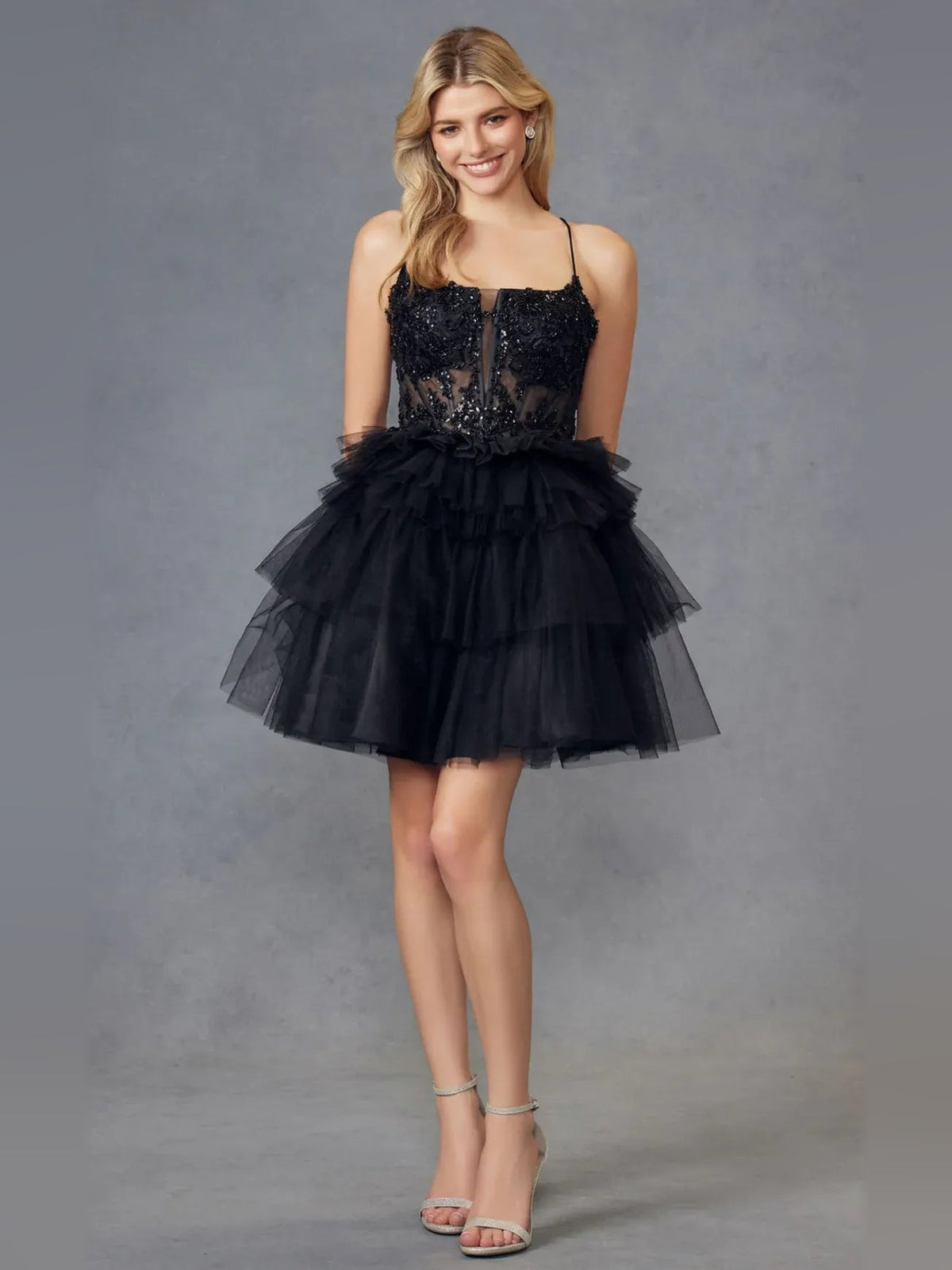 Black tiered ruffle corset sweetheart A-line short tulle dress with spaghetti straps