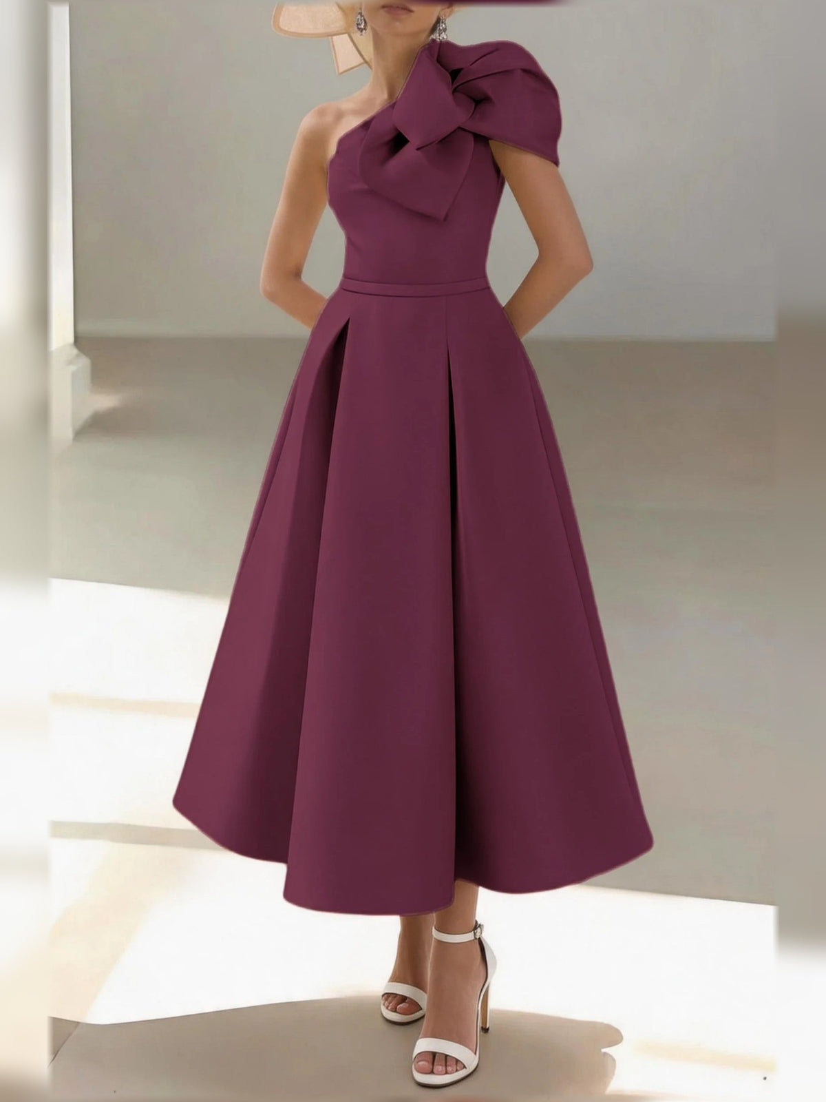Wine one-shoulder satin A-line midi dress with pleated waist and bow shoulder detail
