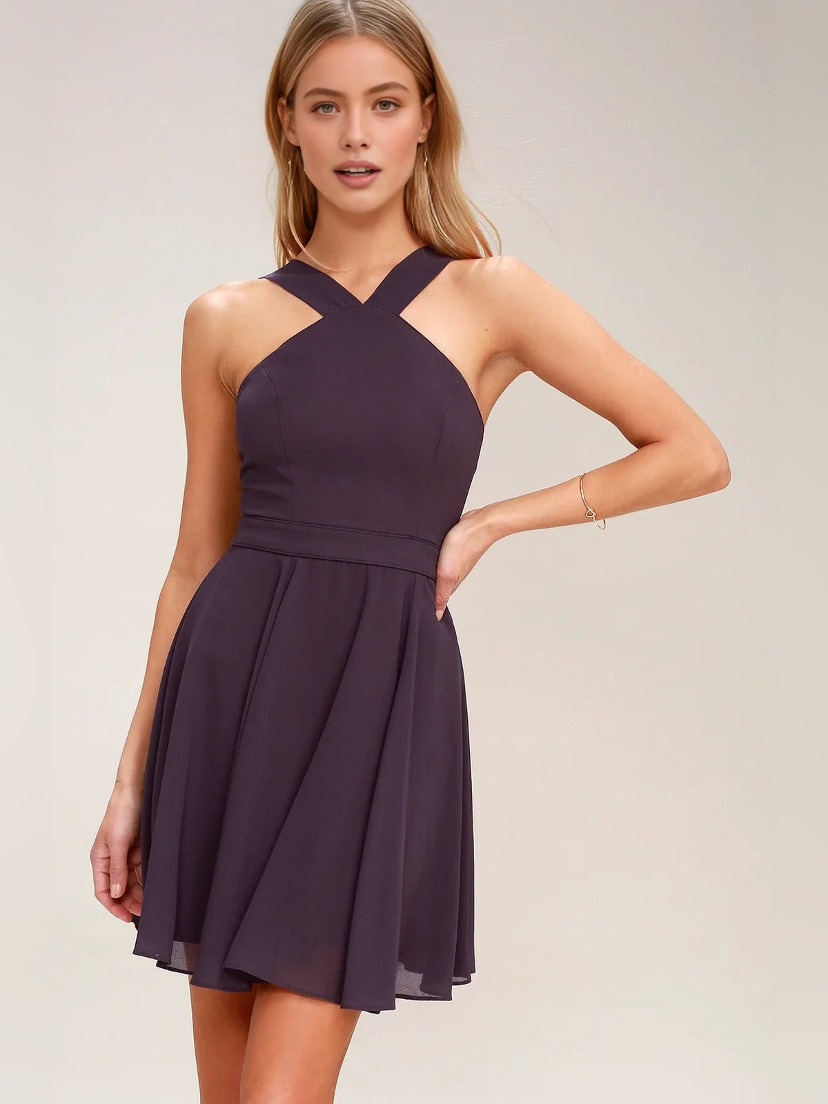 Deep purple halter neck A-line mini chiffon dress with crossed neckline straps