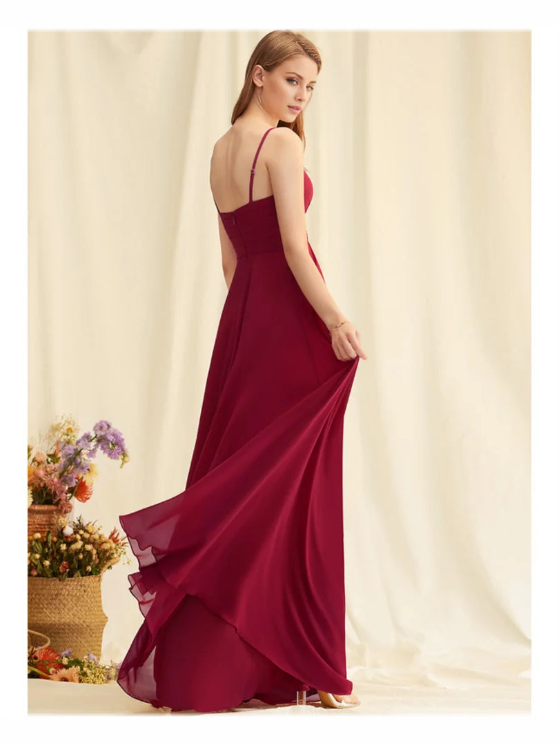 Burgundy V-neck A-line maxi chiffon dress with spaghetti straps and ruched bodice