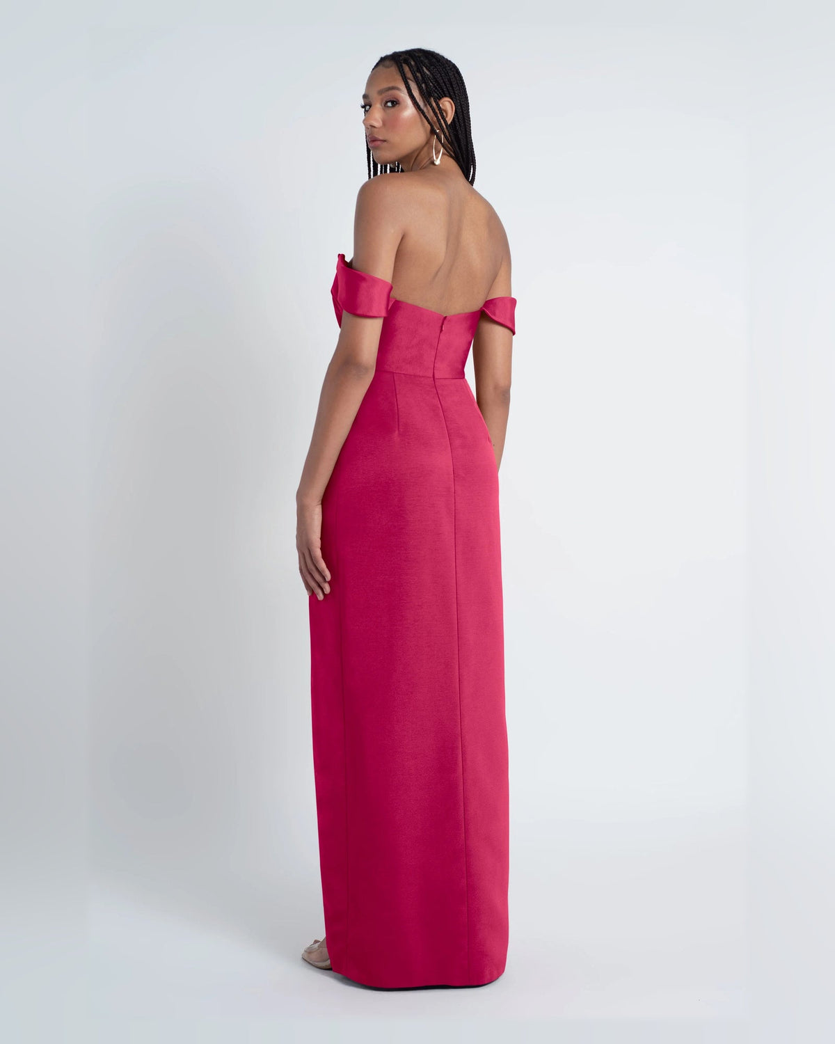 Fuchsia off-shoulder A-line formal dress, floor-length, back view with off-shoulder neckline